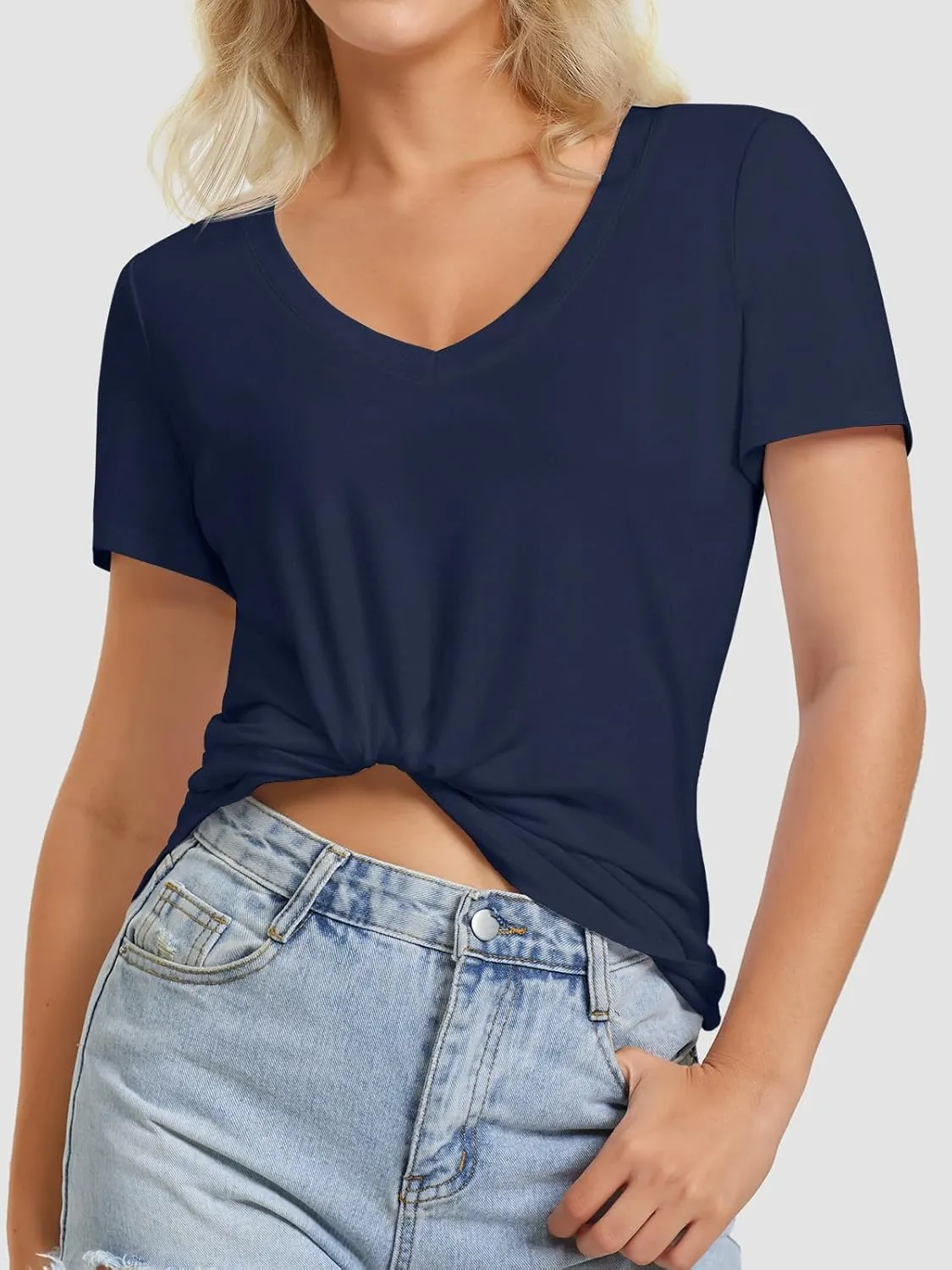 ATHMILE Womens V Neck Short Sleeve Summer T Shirts Curved Hem Plain Top Beach
