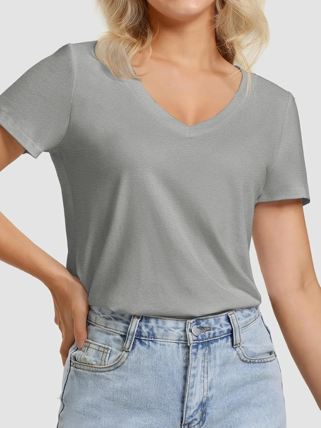 ATHMILE Womens V Neck Short Sleeve Summer T Shirts Curved Hem Plain Top Beach