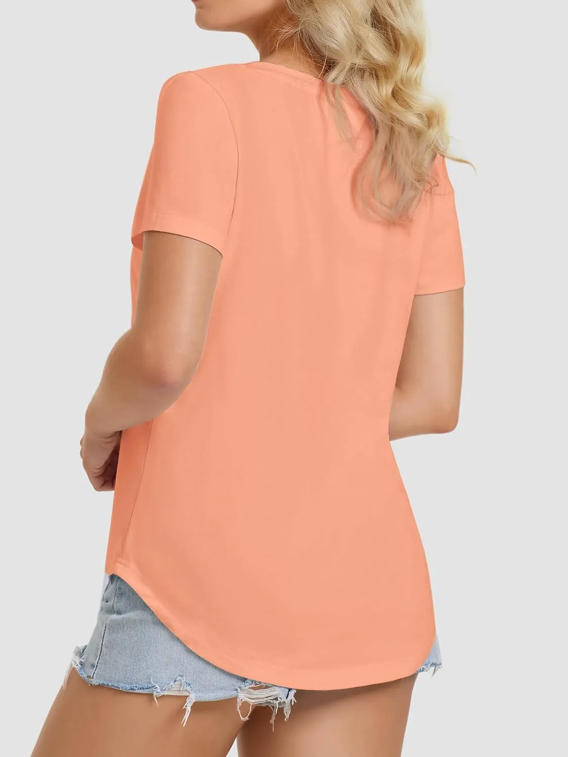 ATHMILE Womens V Neck Short Sleeve Summer T Shirts Curved Hem Plain Top Beach