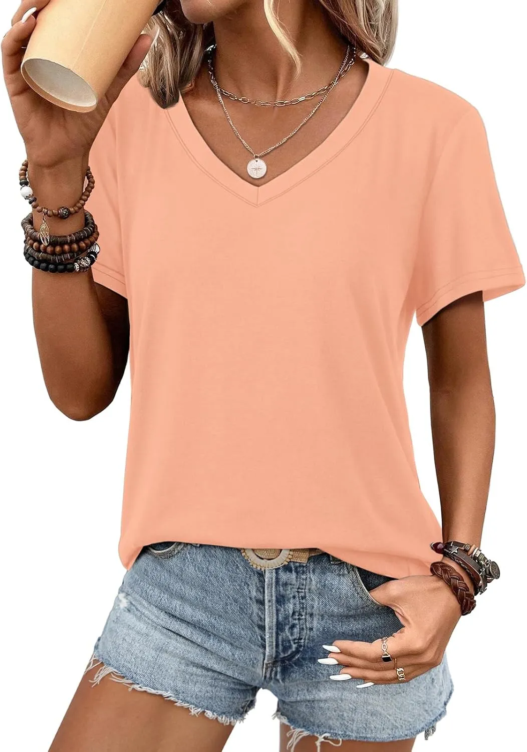 ATHMILE Womens V Neck Short Sleeve Summer T Shirts Curved Hem Plain Top Beach