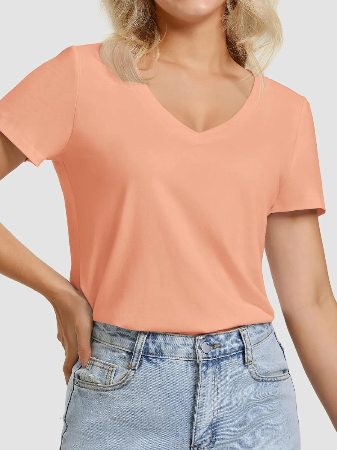 ATHMILE Womens V Neck Short Sleeve Summer T Shirts Curved Hem Plain Top Beach