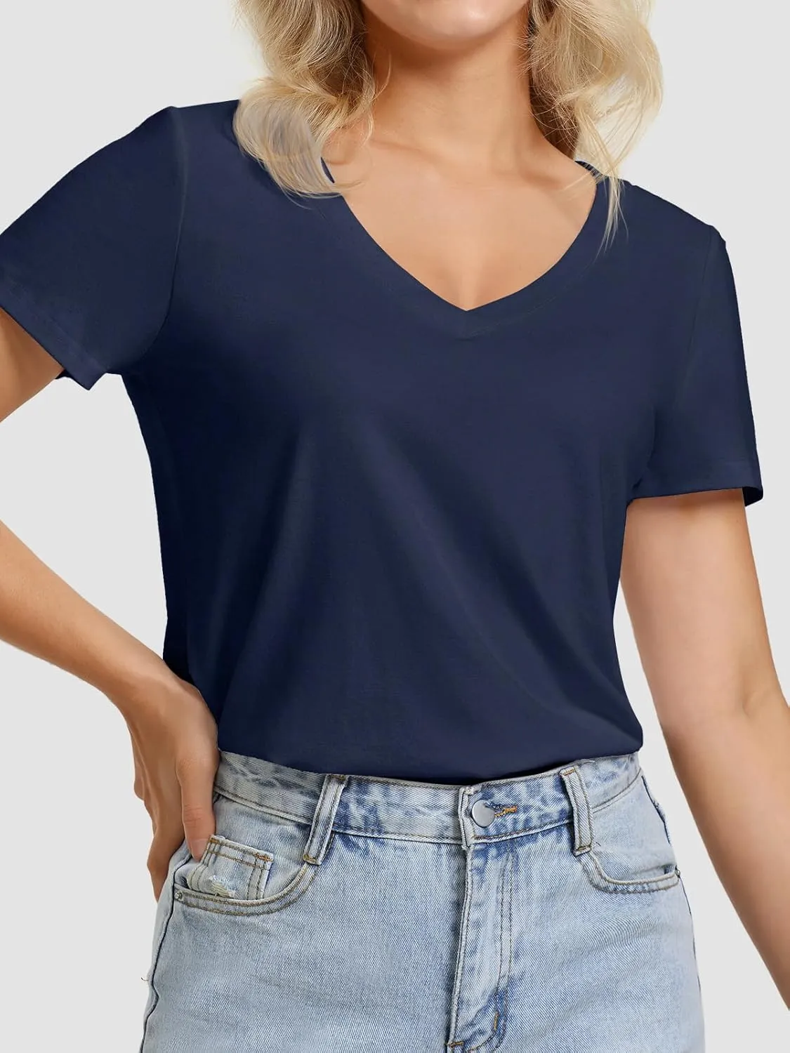 ATHMILE Womens V Neck Short Sleeve Summer T Shirts Curved Hem Plain Top Beach