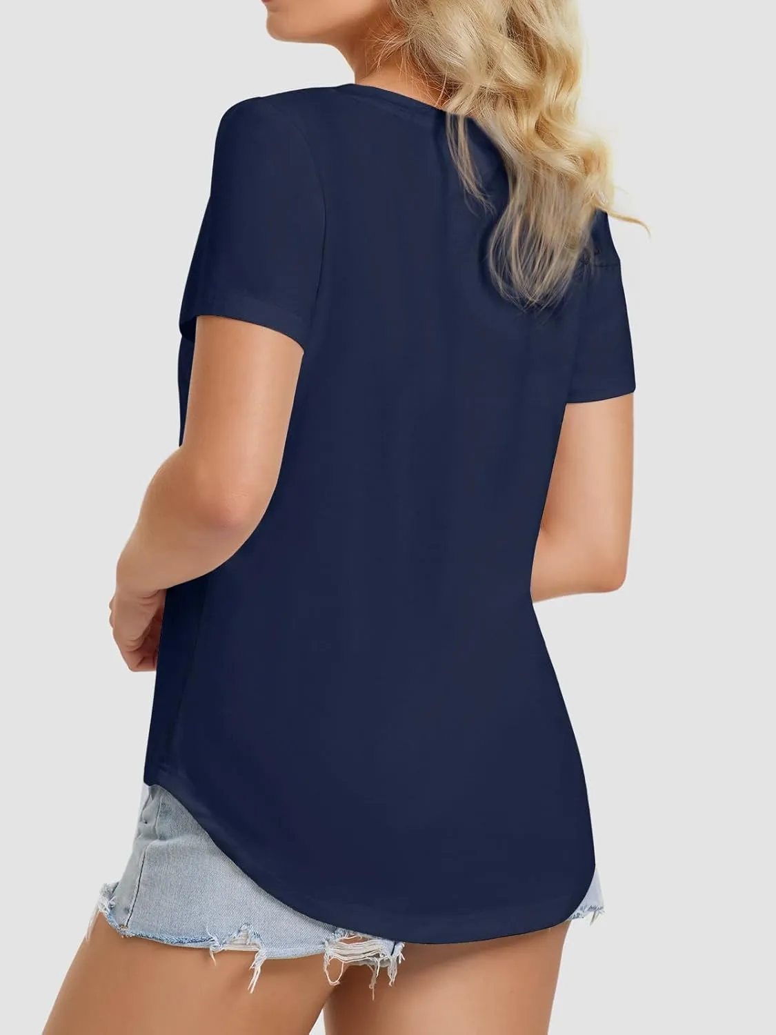 ATHMILE Womens V Neck Short Sleeve Summer T Shirts Curved Hem Plain Top Beach