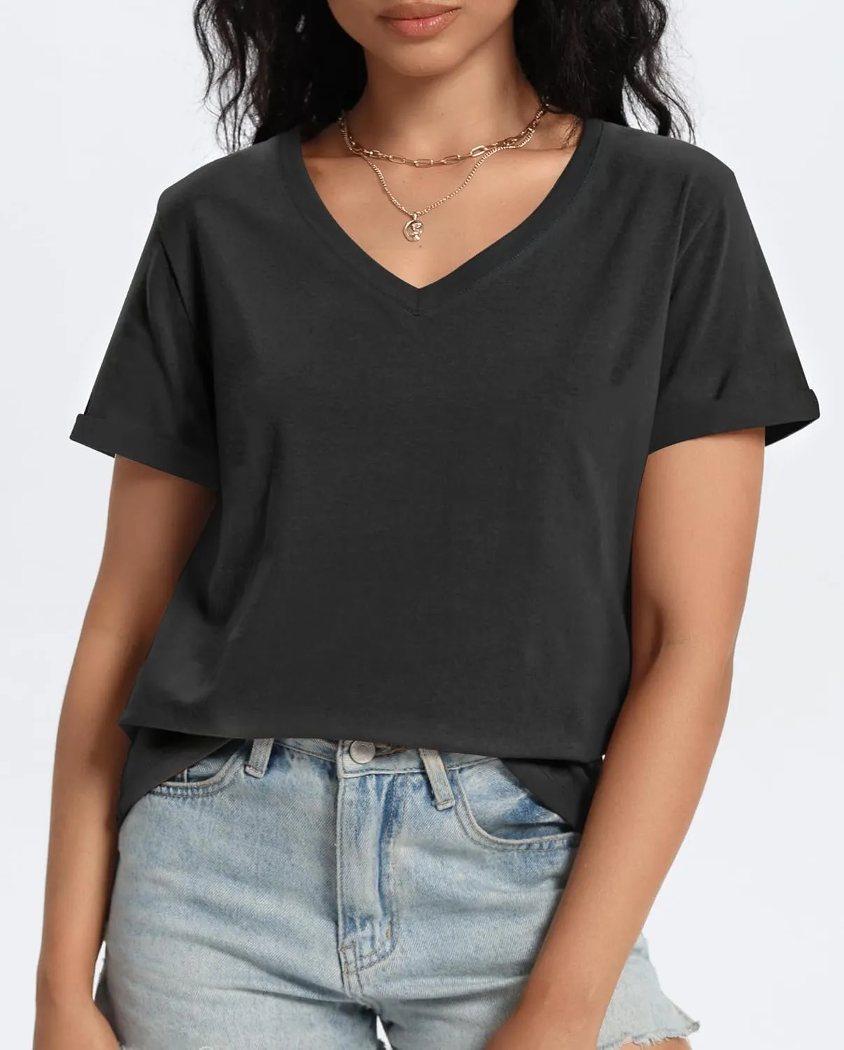 Auriviz Womens Summer Cotton Tops Basic Short Sleeve Shirts Casual V Neck T Shirt Comfy Trendy Tees