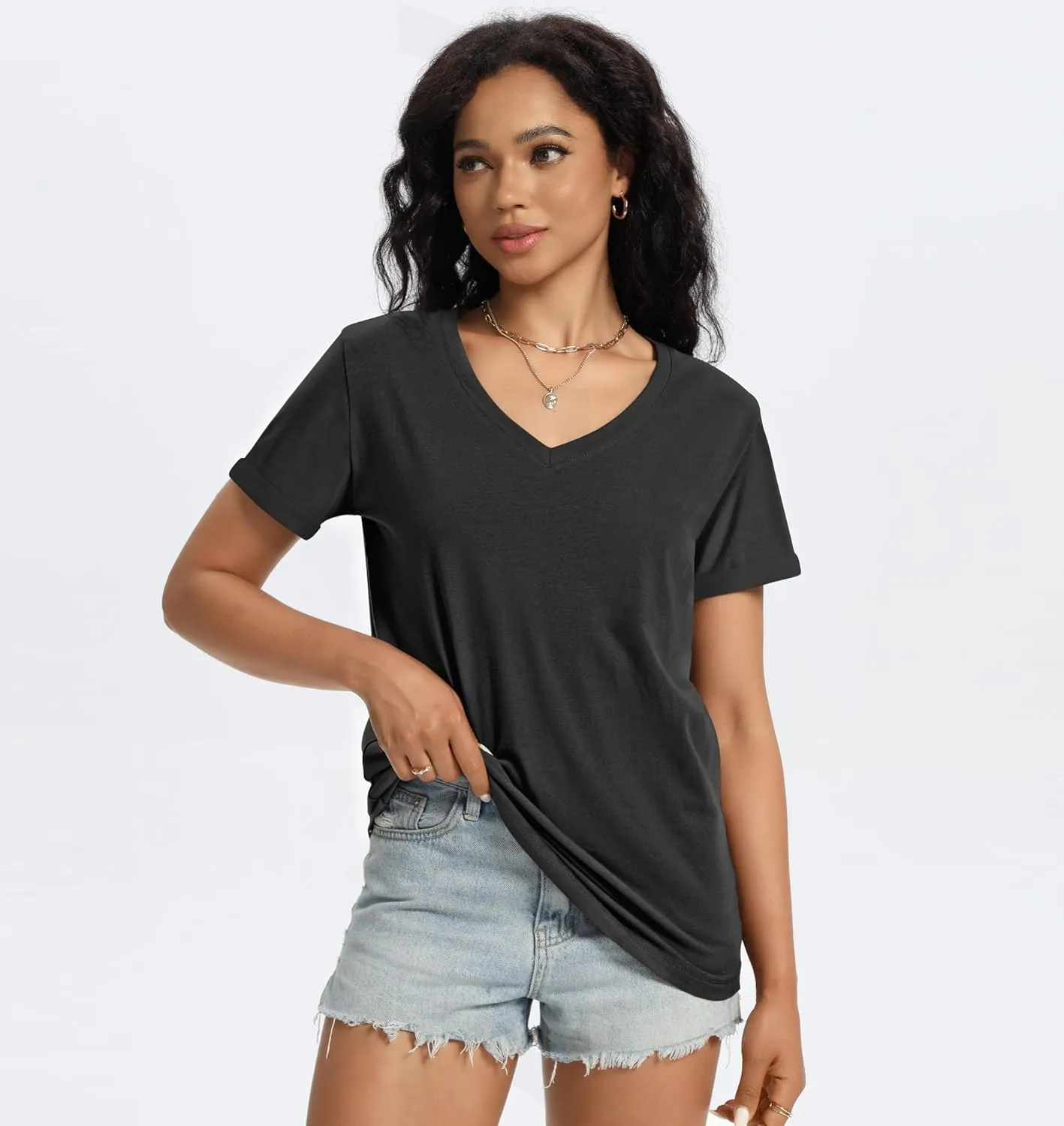 Auriviz Womens Summer Cotton Tops Basic Short Sleeve Shirts Casual V Neck T Shirt Comfy Trendy Tees