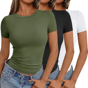 AUTOMET Womens 3 Piece Short Sleeve Shirts Basic Going Out Slim Fitted Crop Tops 2025 Summer Y2k Clothes