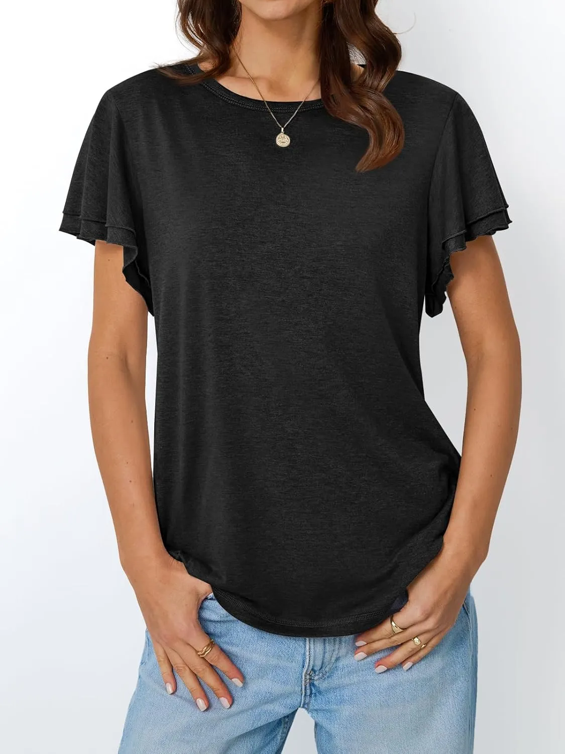 AUTOMET Womens Short Sleeve T-Shirts Dressy Casual Basic Ruffle Cute Summer Tops 2025 Spring Fashion Clothes