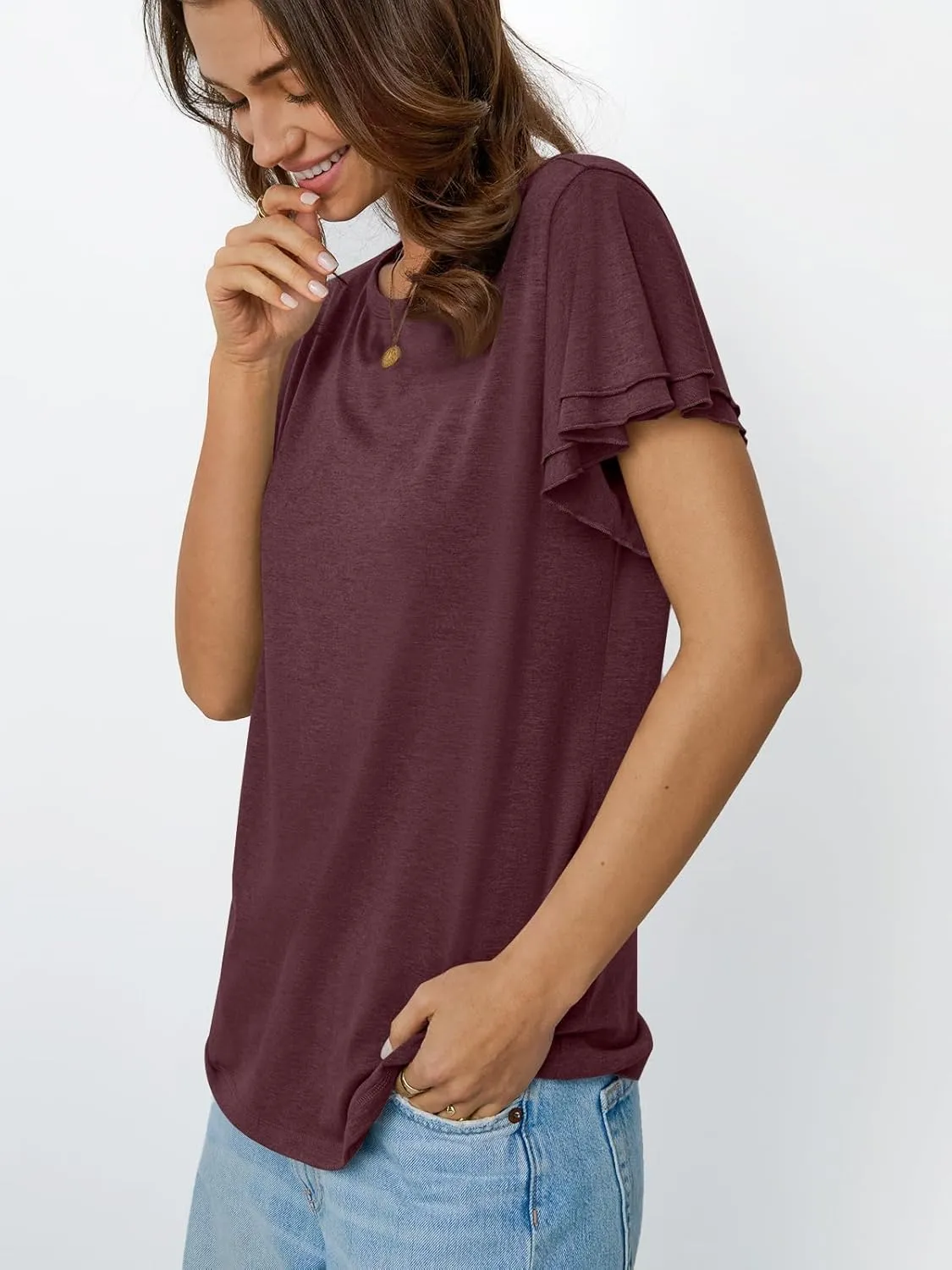 AUTOMET Womens Short Sleeve T-Shirts Dressy Casual Basic Ruffle Cute Summer Tops 2025 Spring Fashion Clothes