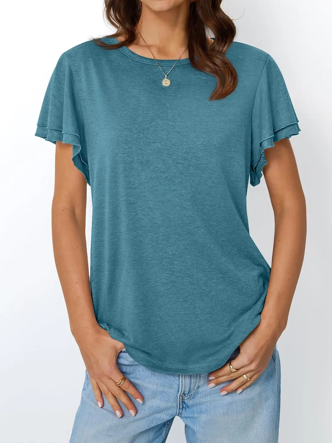 AUTOMET Womens Short Sleeve T-Shirts Dressy Casual Basic Ruffle Cute Summer Tops 2025 Spring Fashion Clothes