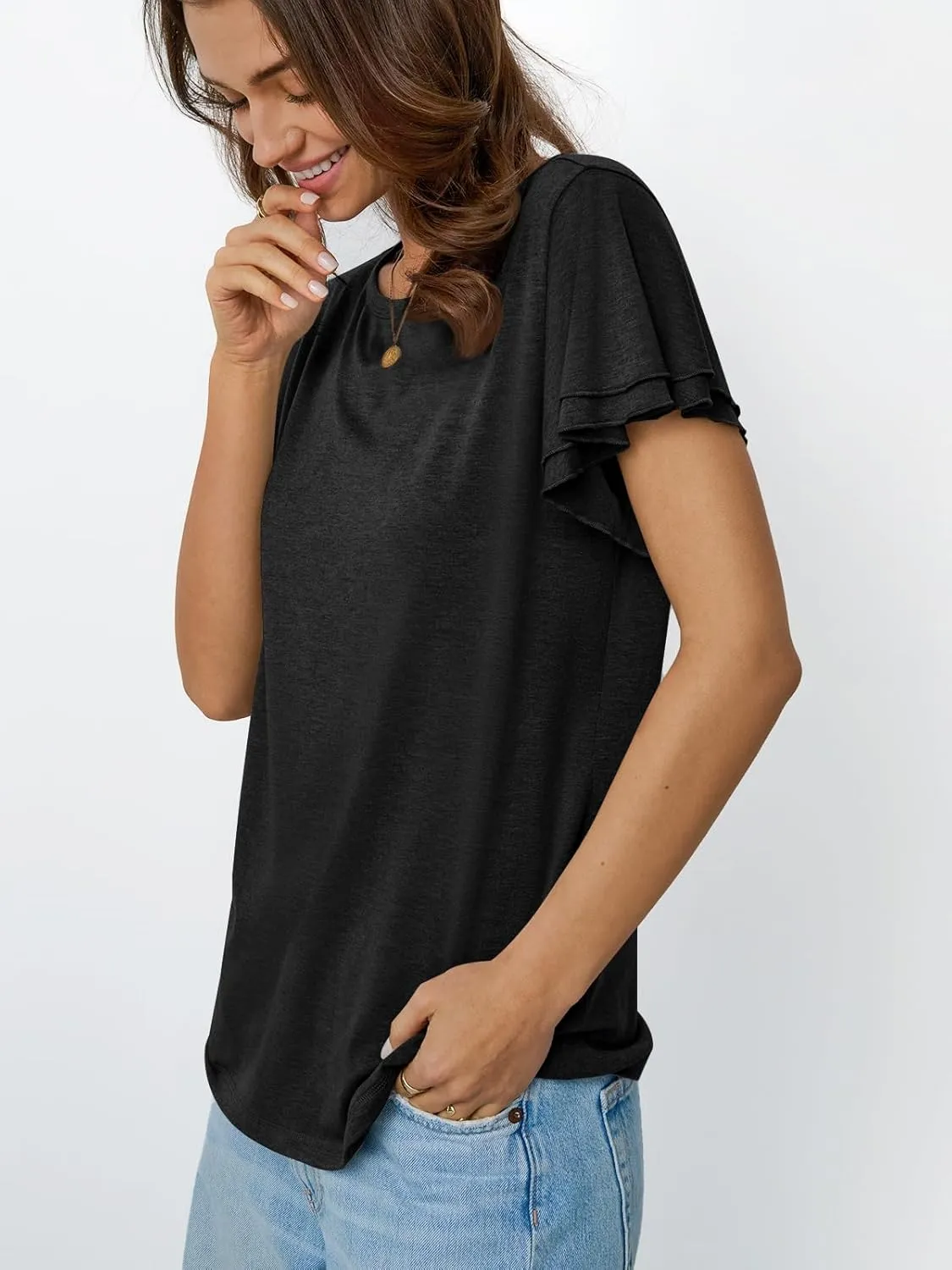 AUTOMET Womens Short Sleeve T-Shirts Dressy Casual Basic Ruffle Cute Summer Tops 2025 Spring Fashion Clothes