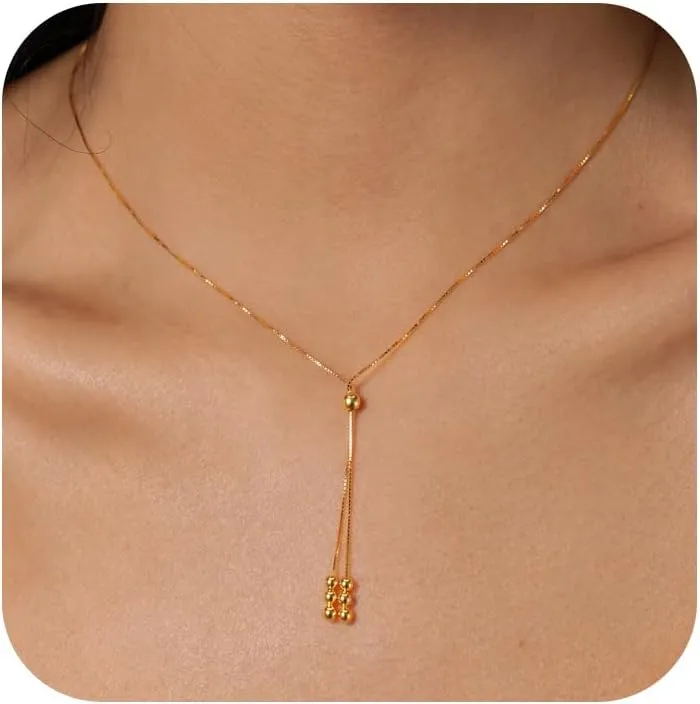 Beaded Necklace for Women As Graduation Gifts S925 Sterling Silver 14k Gold Plated Lariat Necklace Wedding Gifts for Her Adjustable Y Shaped Tassel Layered Beaded Pendant Long Chain Necklace for Best Friends