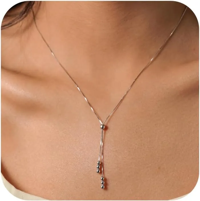 Beaded Necklace for Women As Graduation Gifts S925 Sterling Silver 14k Gold Plated Lariat Necklace Wedding Gifts for Her Adjustable Y Shaped Tassel Layered Beaded Pendant Long Chain Necklace for Best Friends
