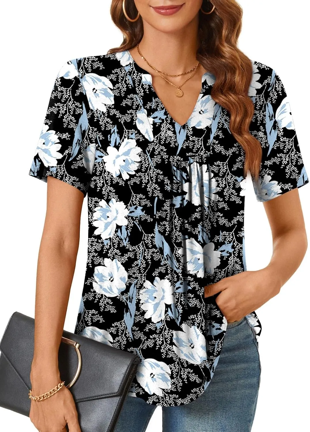 Bestbee Womens Short Sleeve Shirts 2025 Summer Tops Dressy Blouses Casual T-Shirts Notch V Neck Pleated Tunics