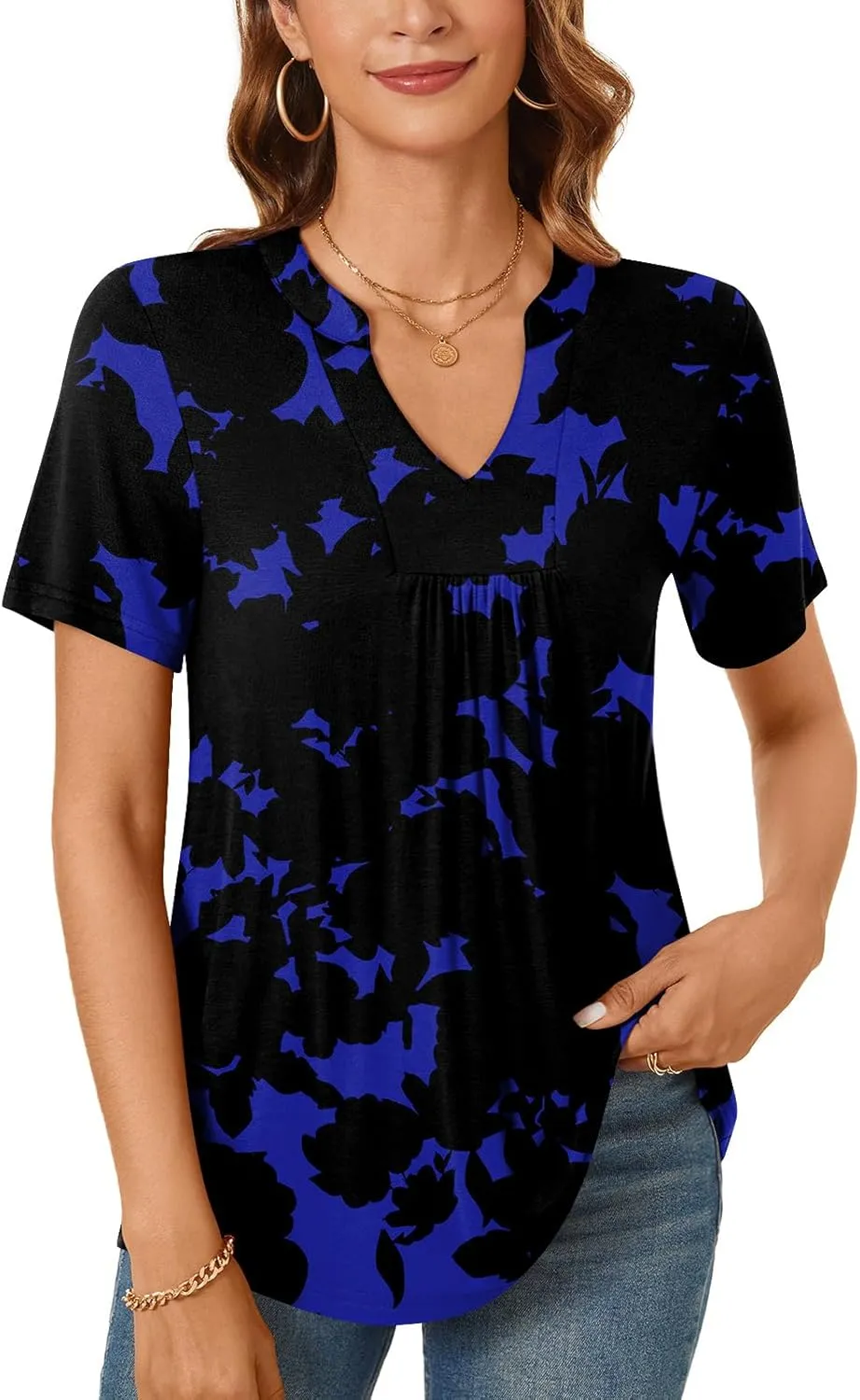 Bestbee Womens Short Sleeve Shirts 2025 Summer Tops Dressy Blouses Casual T-Shirts Notch V Neck Pleated Tunics