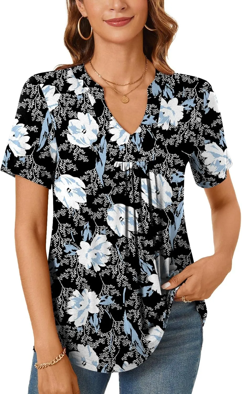 Bestbee Womens Short Sleeve Shirts 2025 Summer Tops Dressy Blouses Casual T-Shirts Notch V Neck Pleated Tunics