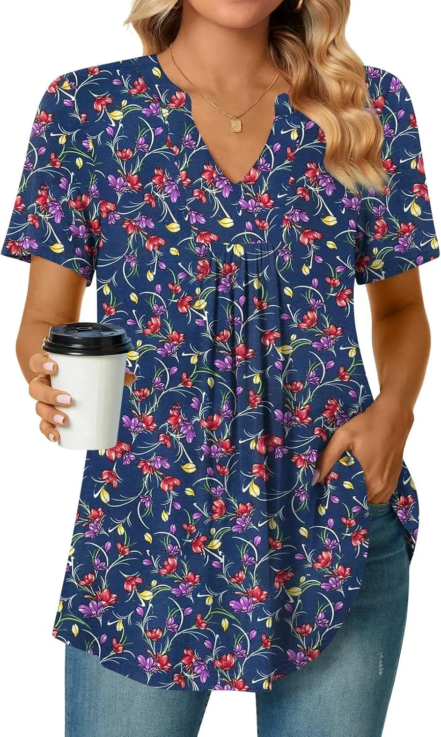 Bestbee Womens Short Sleeve Shirts 2025 Summer Tops Dressy Blouses Casual T-Shirts Notch V Neck Pleated Tunics