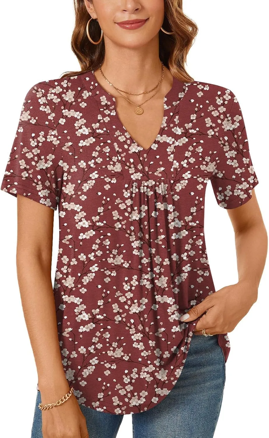 Bestbee Womens Short Sleeve Shirts 2025 Summer Tops Dressy Blouses Casual T-Shirts Notch V Neck Pleated Tunics