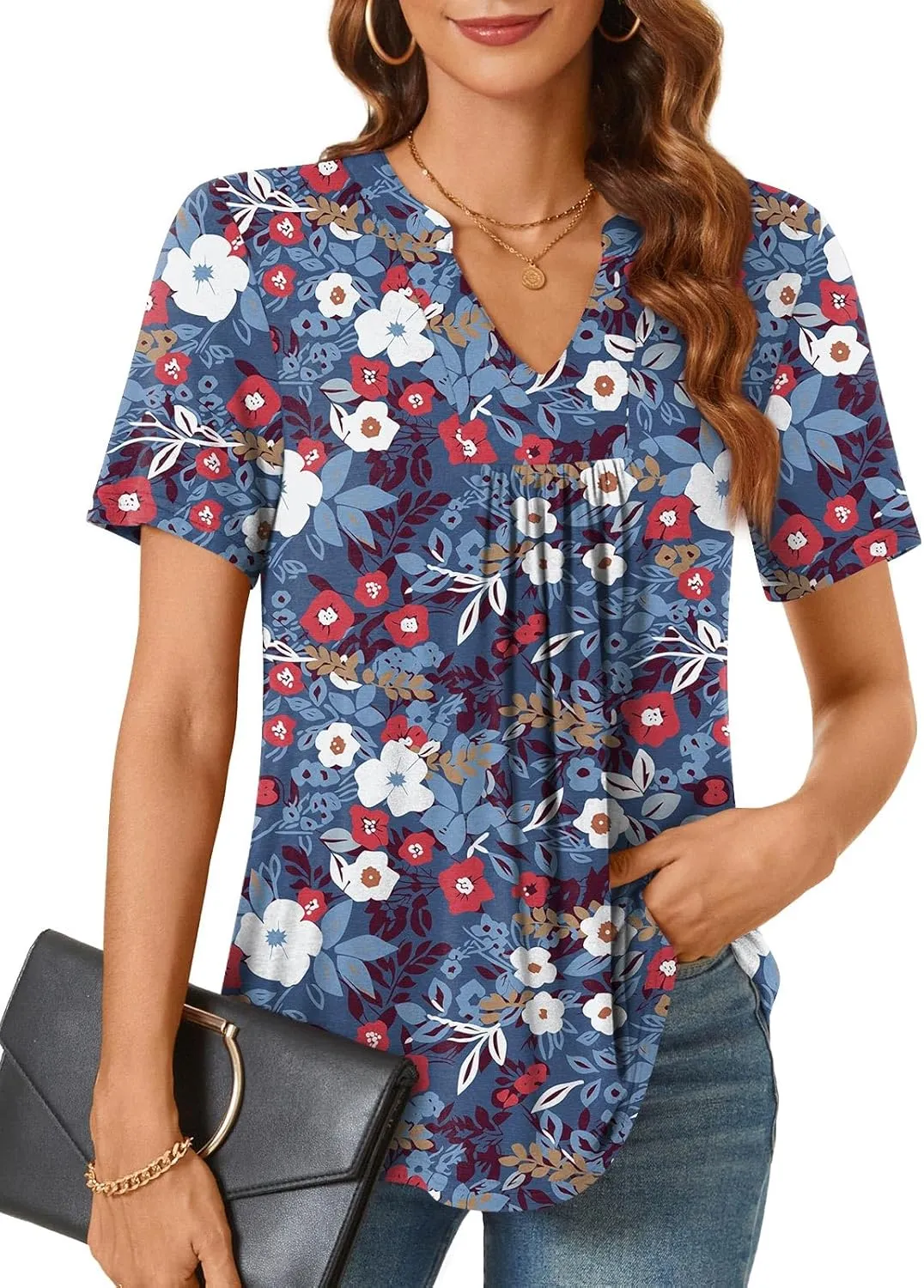 Bestbee Womens Short Sleeve Shirts 2025 Summer Tops Dressy Blouses Casual T-Shirts Notch V Neck Pleated Tunics
