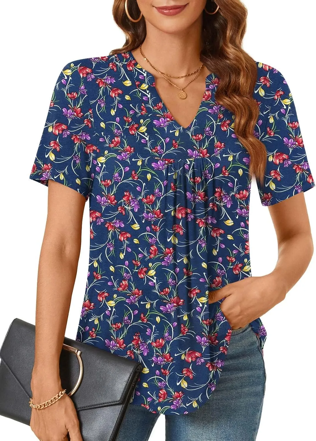 Bestbee Womens Short Sleeve Shirts 2025 Summer Tops Dressy Blouses Casual T-Shirts Notch V Neck Pleated Tunics