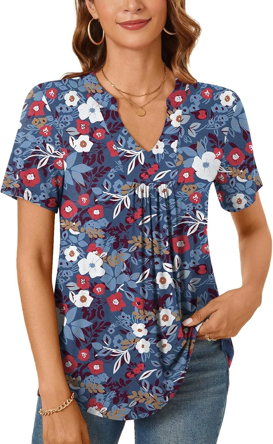 Bestbee Womens Short Sleeve Shirts 2025 Summer Tops Dressy Blouses Casual T-Shirts Notch V Neck Pleated Tunics
