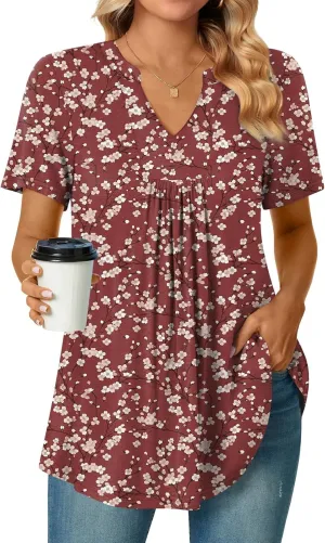 Bestbee Womens Short Sleeve Shirts 2025 Summer Tops Dressy Blouses Casual T-Shirts Notch V Neck Pleated Tunics