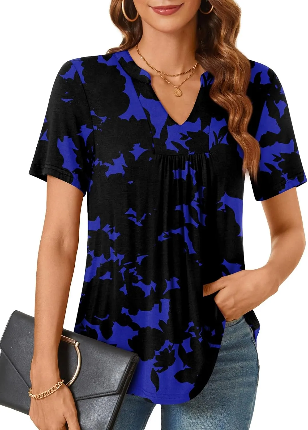 Bestbee Womens Short Sleeve Shirts 2025 Summer Tops Dressy Blouses Casual T-Shirts Notch V Neck Pleated Tunics