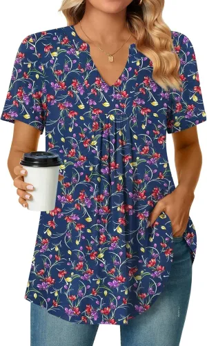 Bestbee Womens Short Sleeve Shirts 2025 Summer Tops Dressy Blouses Casual T-Shirts Notch V Neck Pleated Tunics