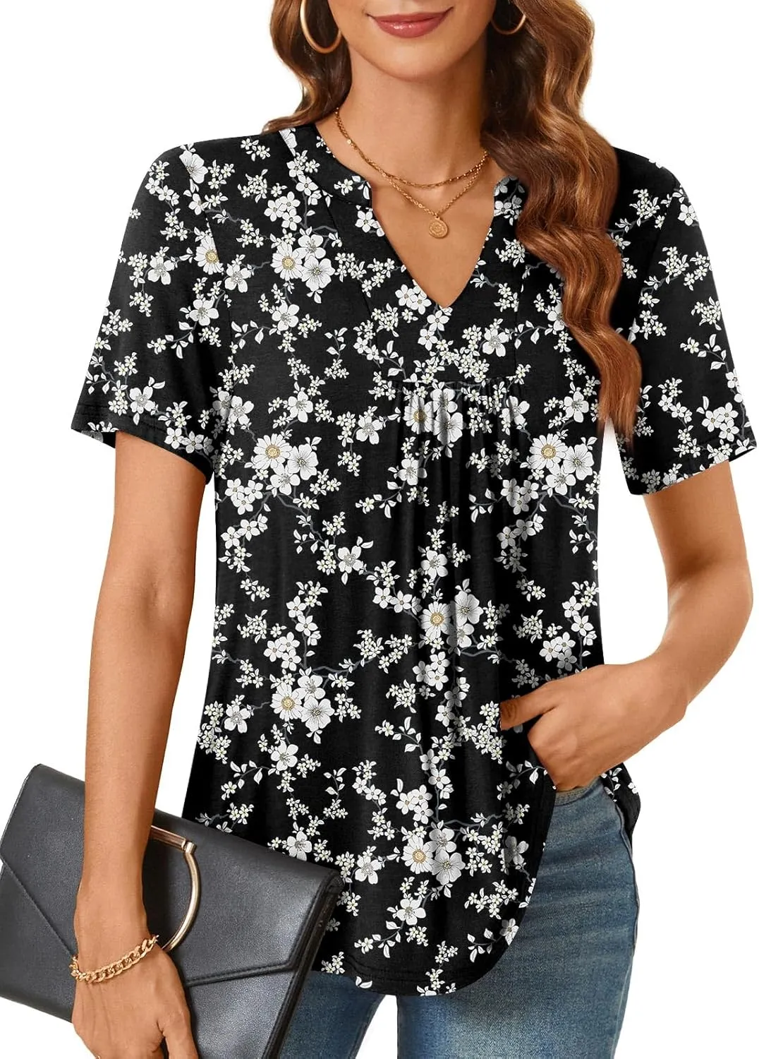 Bestbee Womens Short Sleeve Shirts 2025 Summer Tops Dressy Blouses Casual T-Shirts Notch V Neck Pleated Tunics