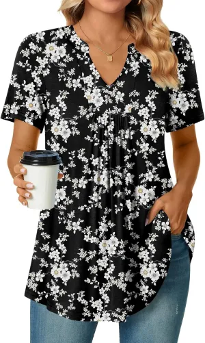 Bestbee Womens Short Sleeve Shirts 2025 Summer Tops Dressy Blouses Casual T-Shirts Notch V Neck Pleated Tunics