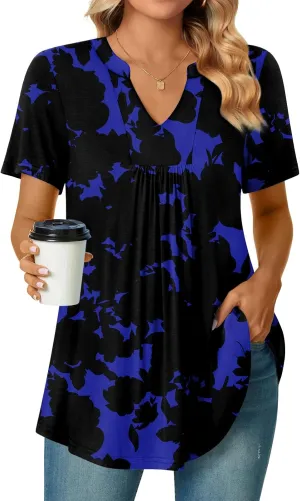 Bestbee Womens Short Sleeve Shirts 2025 Summer Tops Dressy Blouses Casual T-Shirts Notch V Neck Pleated Tunics