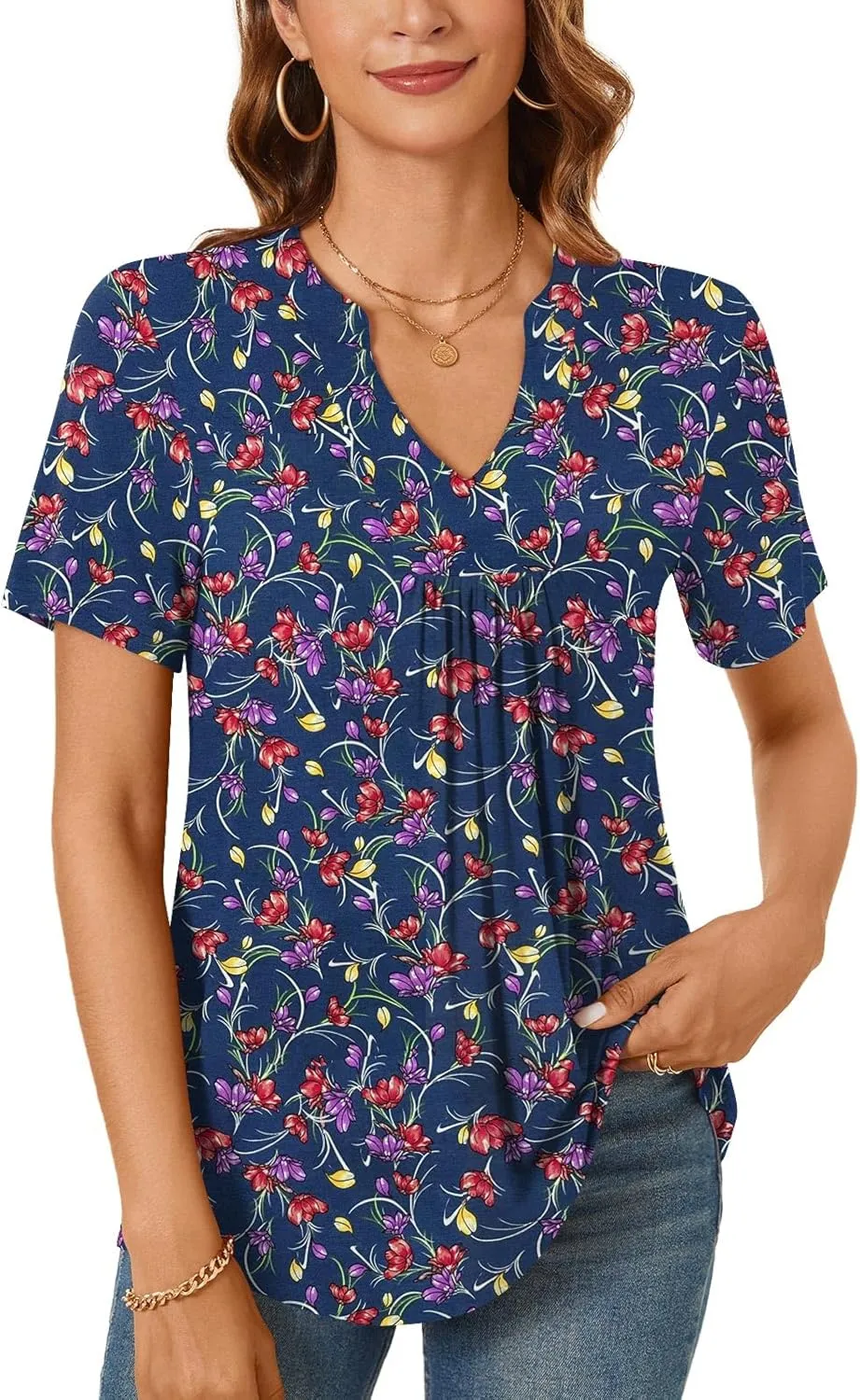 Bestbee Womens Short Sleeve Shirts 2025 Summer Tops Dressy Blouses Casual T-Shirts Notch V Neck Pleated Tunics