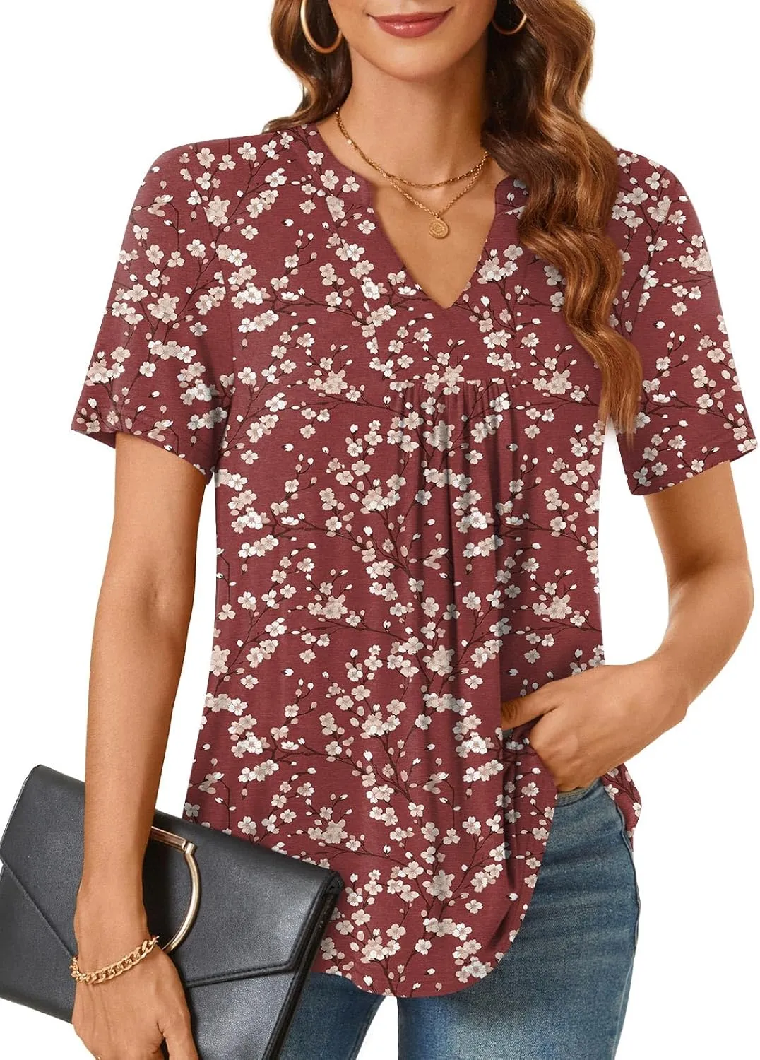 Bestbee Womens Short Sleeve Shirts 2025 Summer Tops Dressy Blouses Casual T-Shirts Notch V Neck Pleated Tunics