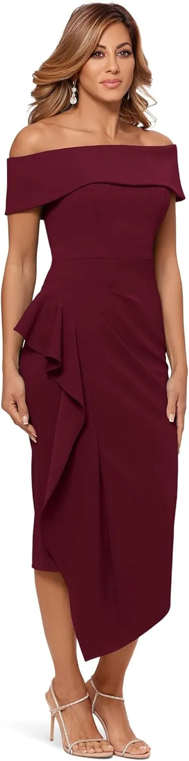 Betsy & Adam Women's Midi Off Shoulder Scuba Crepe Side Ruched Dress
