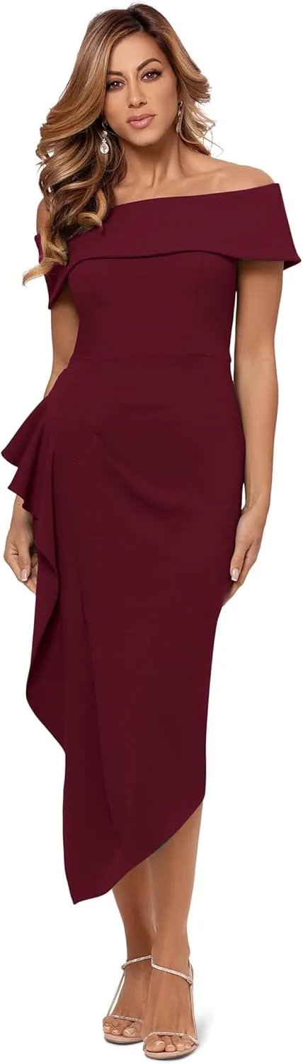 Betsy & Adam Women's Midi Off Shoulder Scuba Crepe Side Ruched Dress