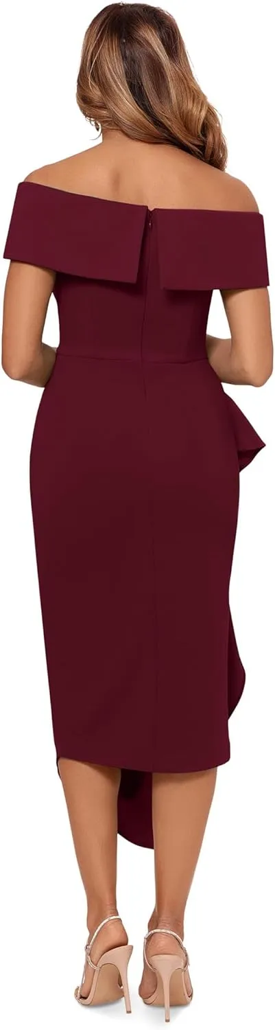 Betsy & Adam Women's Midi Off Shoulder Scuba Crepe Side Ruched Dress