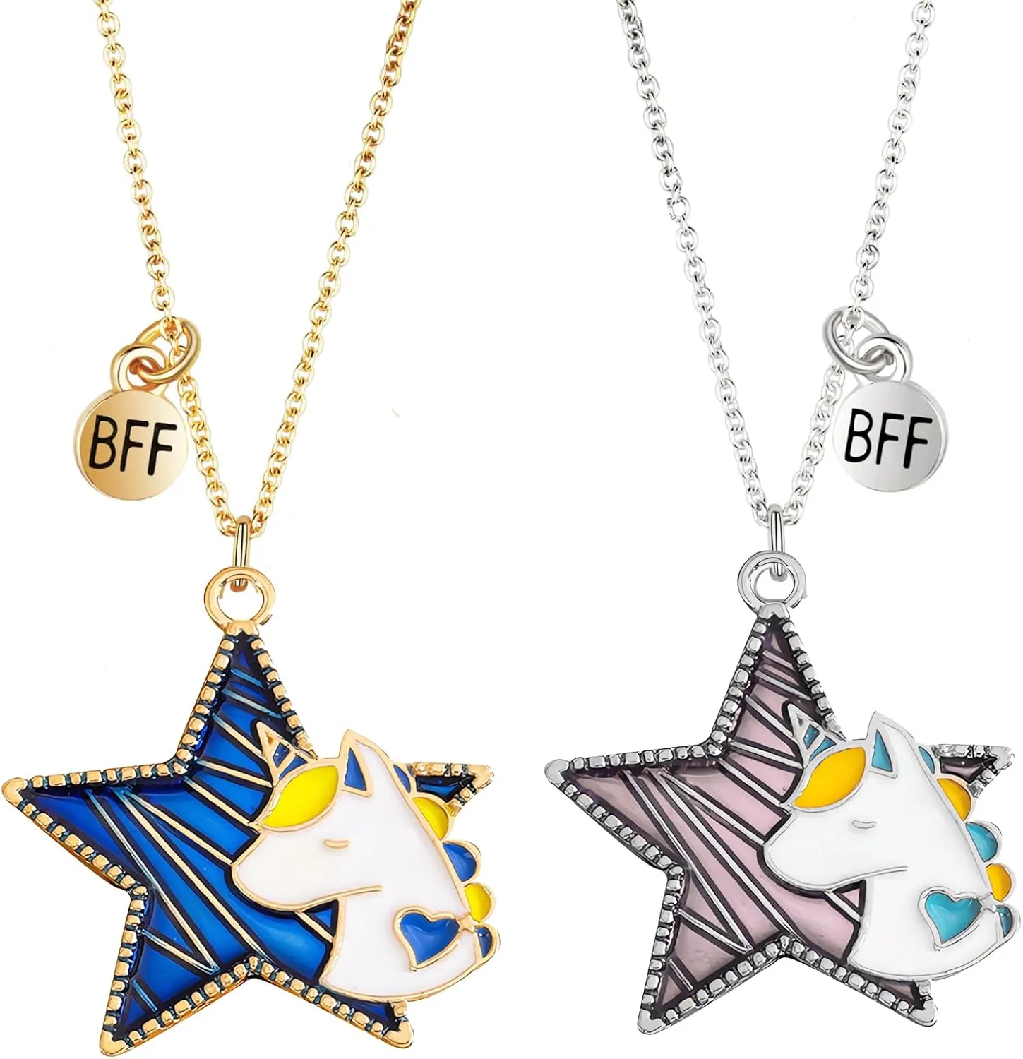 BFF Unicorn Necklace Set for Best Friends - 18K Gold & Silver Plated Matching Pendant Necklaces for 2 Women, 1.1 IN Charm Pendant Friendship Jewelry Gift (2PCs)