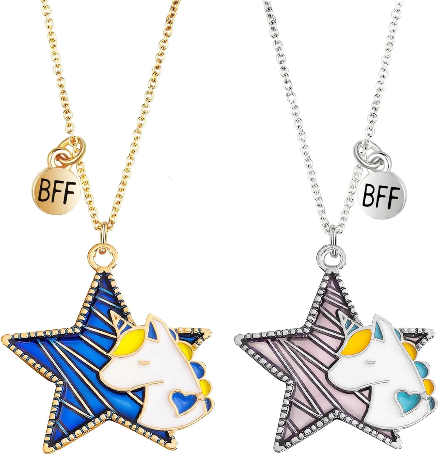 BFF Unicorn Necklace Set for Best Friends - 18K Gold & Silver Plated Matching Pendant Necklaces for 2 Women, 1.1 IN Charm Pendant Friendship Jewelry Gift (2PCs)
