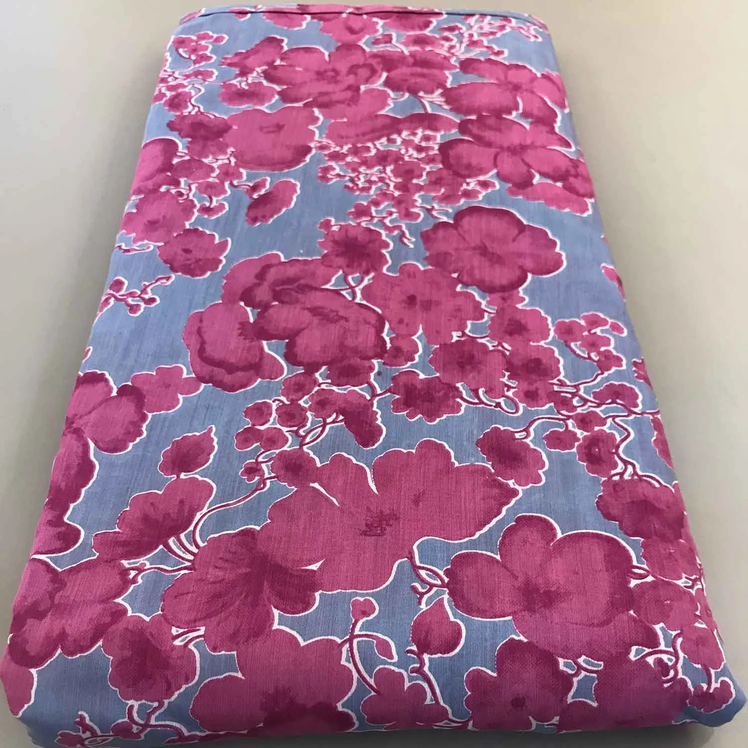 Blue & Pink Floral Muslin Silk Fabric (Wholesale)