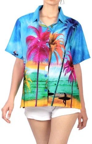 Blue Palm Tree View Print Hawaiian Shirts for Women