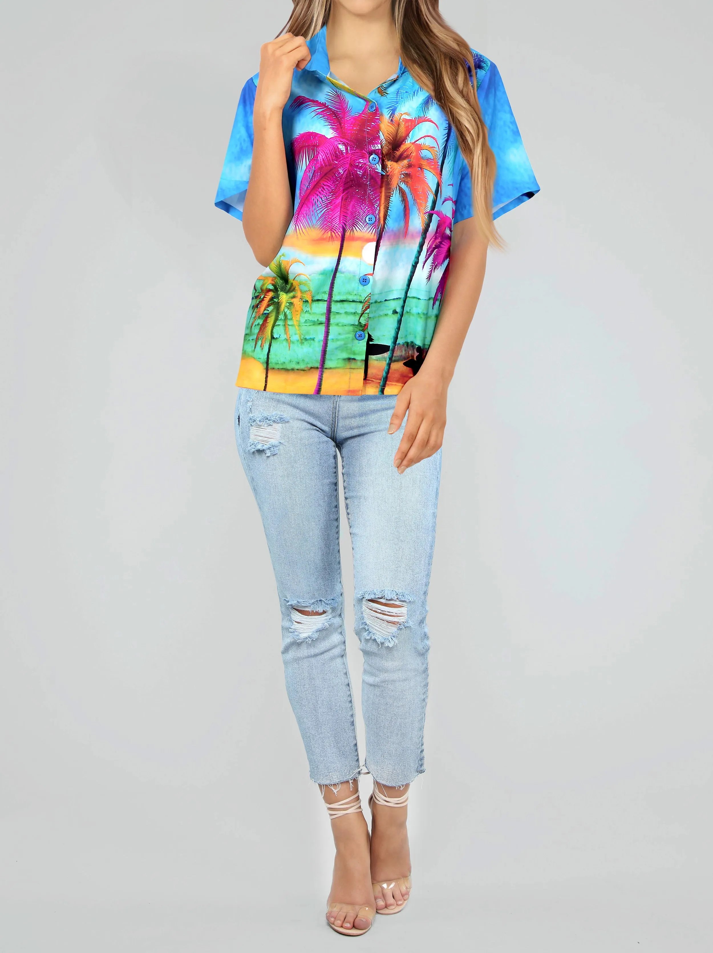 Blue Palm Tree View Print Hawaiian Shirts for Women