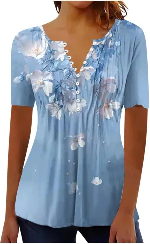 Boho Tops for Women Summer Causal Empire Waist Short Sleeve Shirts Button Down Floral Print Loose Blouse Tees