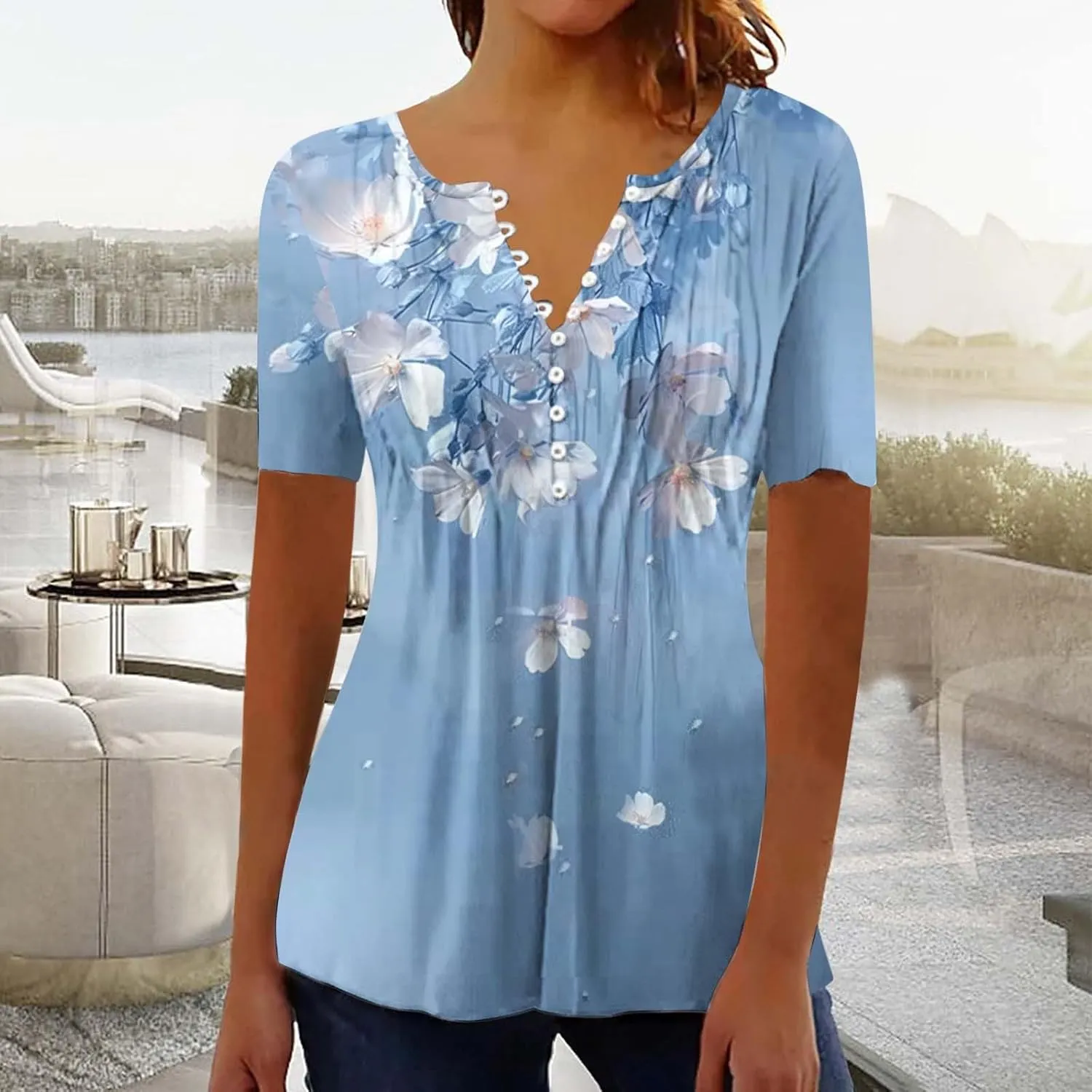 Boho Tops for Women Summer Causal Empire Waist Short Sleeve Shirts Button Down Floral Print Loose Blouse Tees