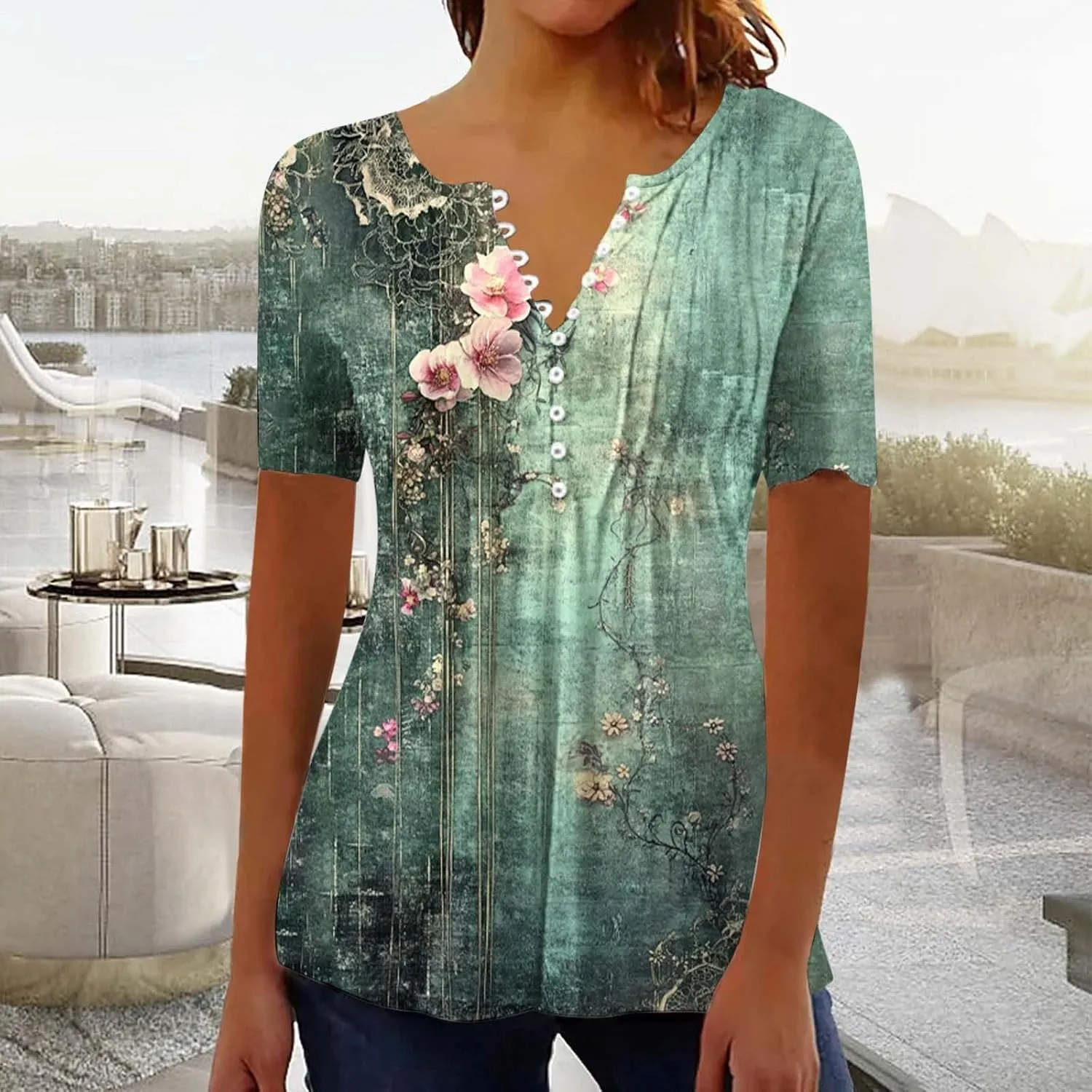 Boho Tops for Women Summer Causal Empire Waist Short Sleeve Shirts Button Down Floral Print Loose Blouse Tees