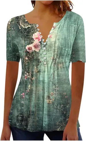 Boho Tops for Women Summer Causal Empire Waist Short Sleeve Shirts Button Down Floral Print Loose Blouse Tees