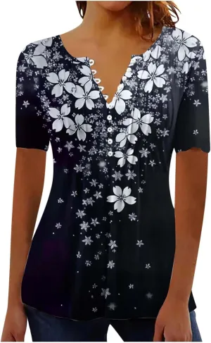 Boho Tops for Women Summer Causal Empire Waist Short Sleeve Shirts Button Down Floral Print Loose Blouse Tees
