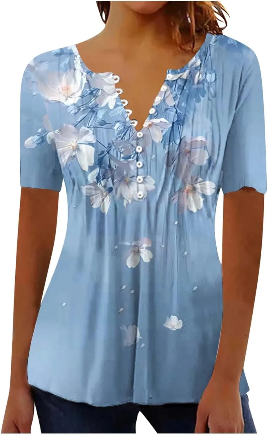 Boho Tops for Women Summer Causal Empire Waist Short Sleeve Shirts Button Down Floral Print Loose Blouse Tees