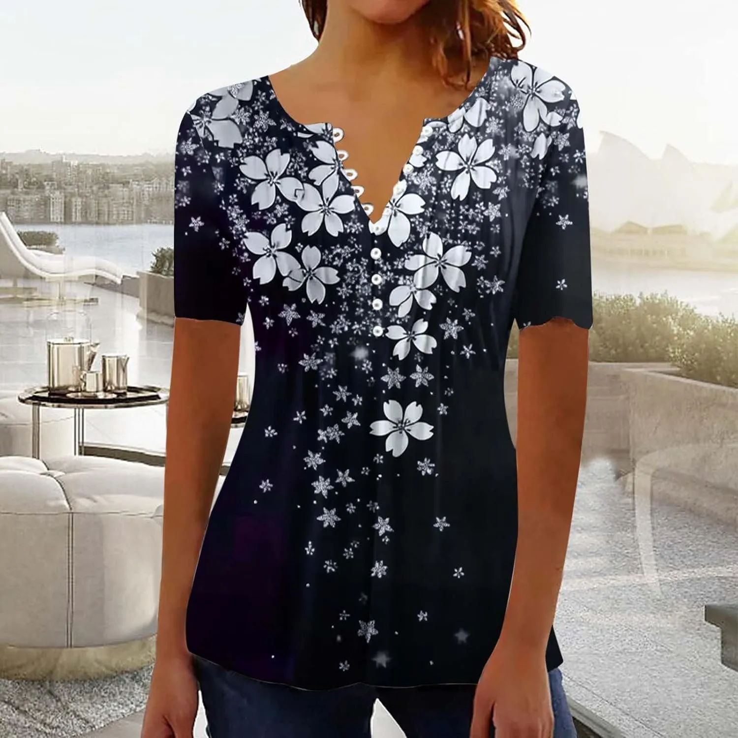 Boho Tops for Women Summer Causal Empire Waist Short Sleeve Shirts Button Down Floral Print Loose Blouse Tees