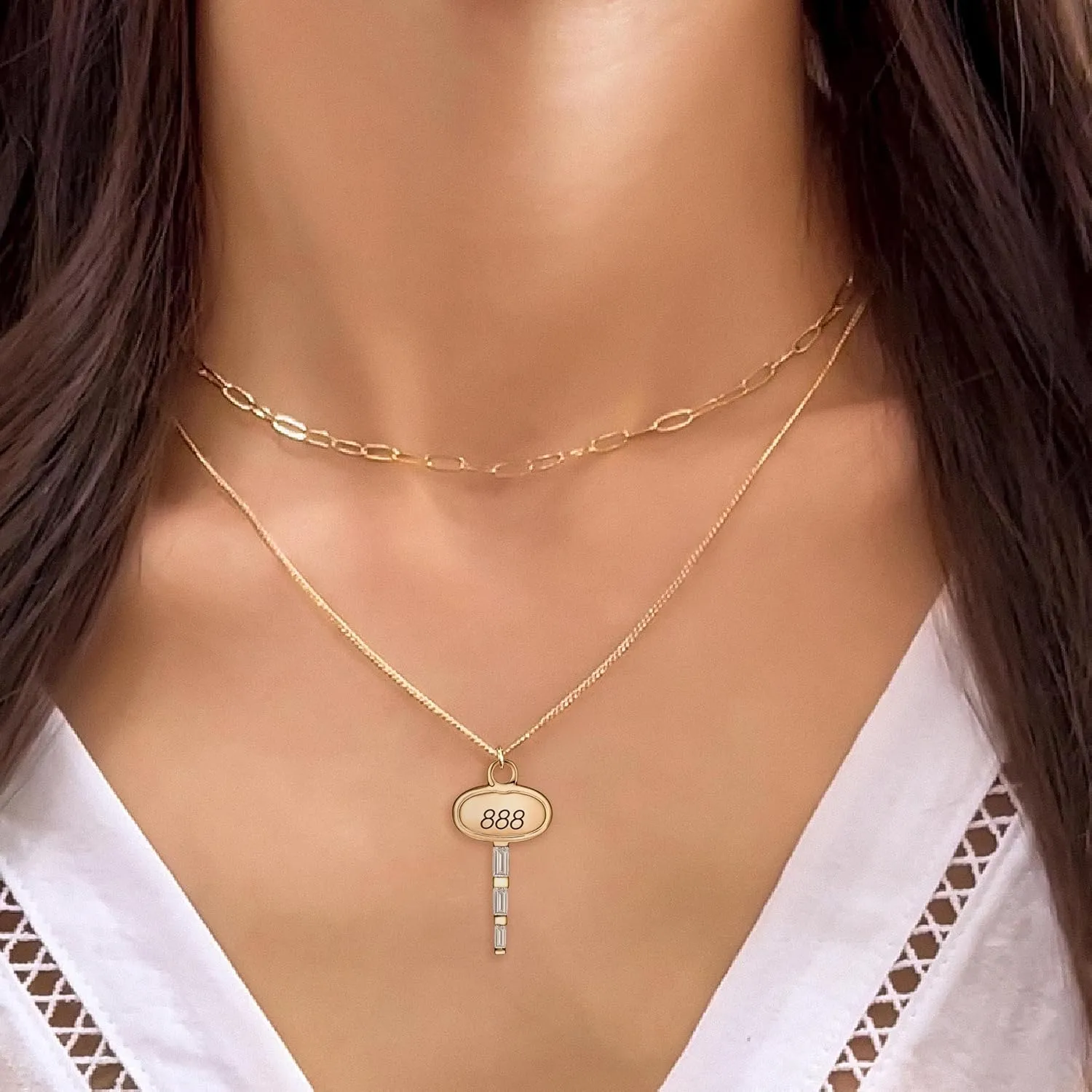 BONALUNA Angel Number Dainty Gold Necklace - 2 Layered & Separate Chains with Key Crystal Embellished Penant for Women, Perfect Jewelry for Gifts
