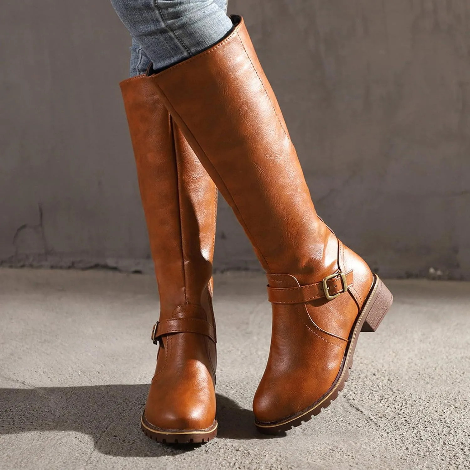 Boots for Women Knee High Combat Style Closed Toe Motorcycle Boots Classic Zipper Buckle Low Heel Shoes Retro Shoes 52