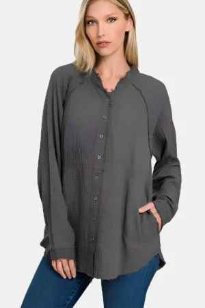 Button Down Raw Edge Shirt